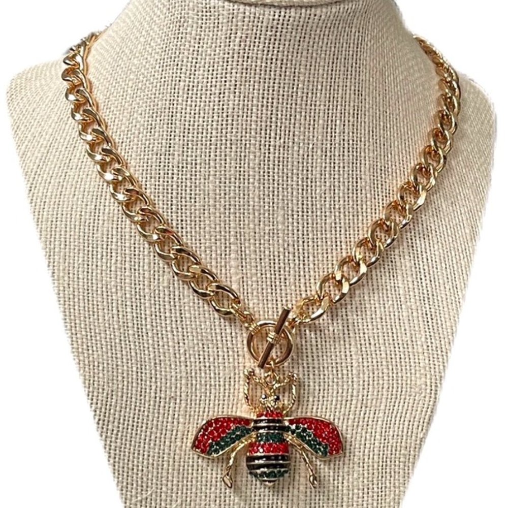 Lux Gold Bumble Bee Toggle Statement Necklace Green Red Black - Thick Chain